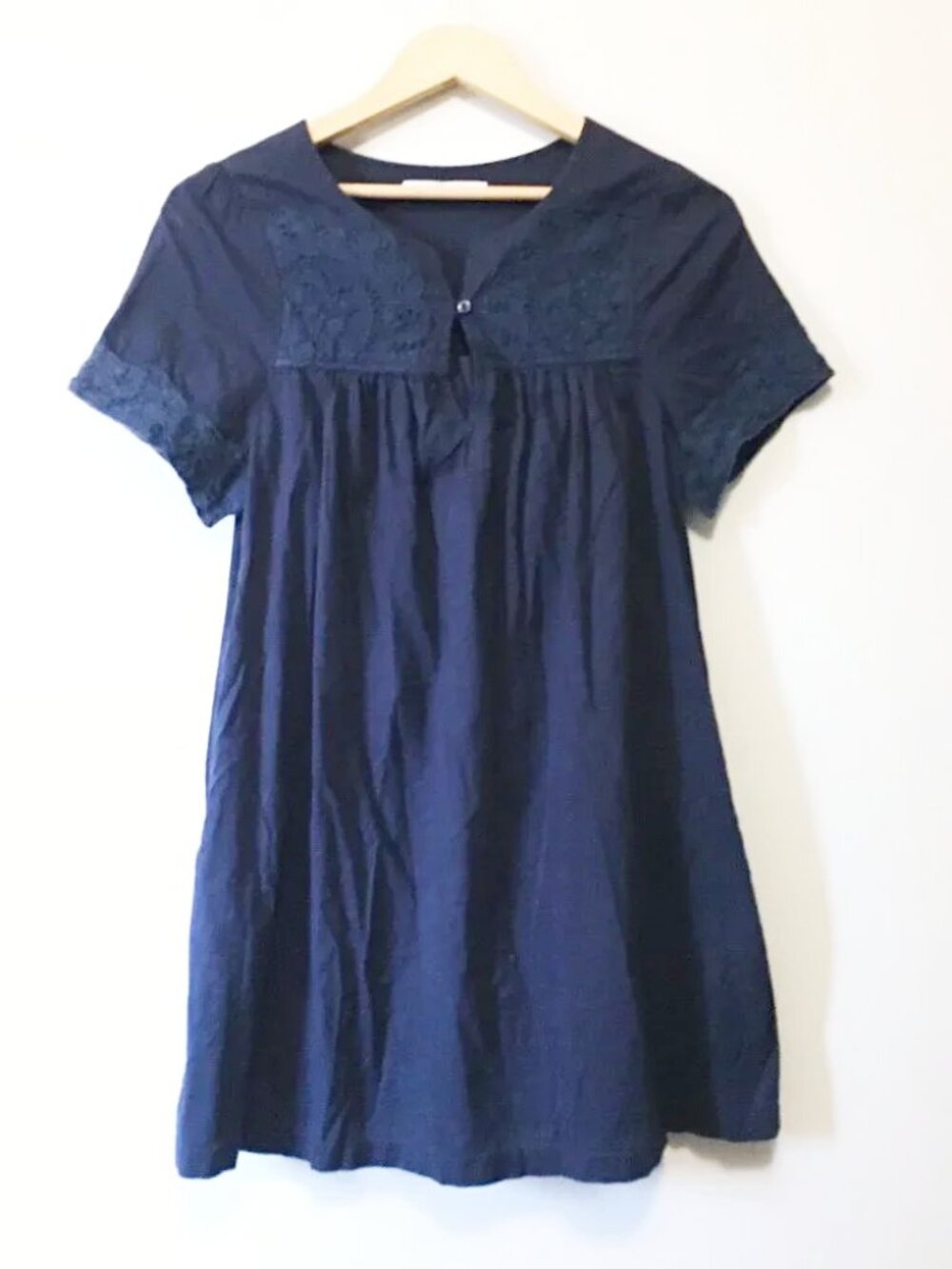 Japanese Fashion 100% Cotton Babydoll Embroidered Macramé Lace Yoke Mini Dress M